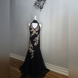 Cream and Black Halter Backless Gown for Prom